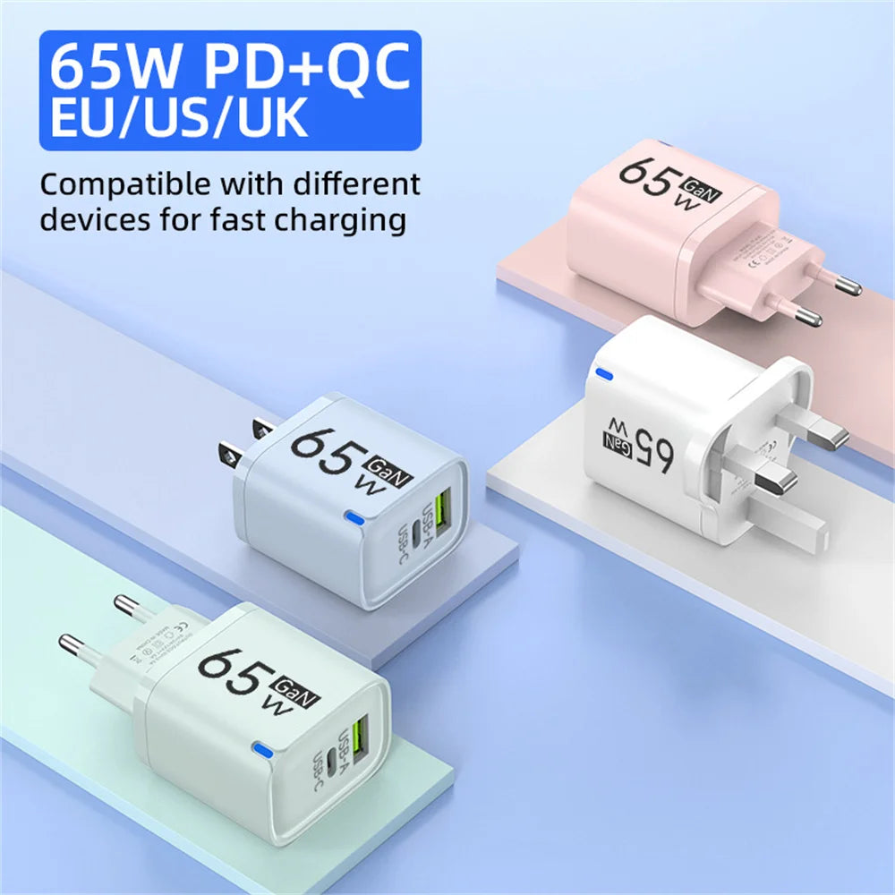 Universal USB Fast Chargers 65W Gan Quick Charger 3.0 USB-A USB-C Fast Charging Chargers PD Wall Charger Adapter for Cellphones