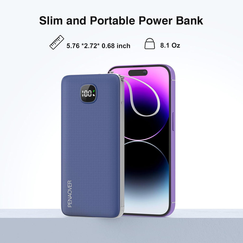 Portable Charger with Built-In Cables&Ac Wall Plug,Slim 10000Mah 22.5W Fast Charging Power Bank,5 Output 2 Input USB-C External Battery Pack Compatible with Iphones,Samsung,Android, Etc
