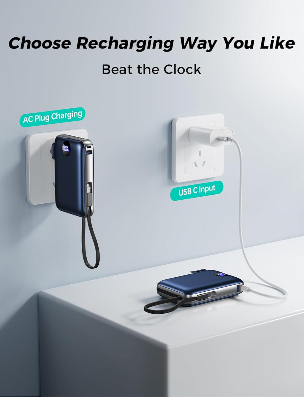 Portable Charger with Built-In Cables & Wall Plug, 10000Mah Power Bank, 4 Outputs 22.5W USB C Fast Charging, Mini Travel Essentials Battery Pack with LED Display for Iphone/Ipad/Samsung Etc Darkblue