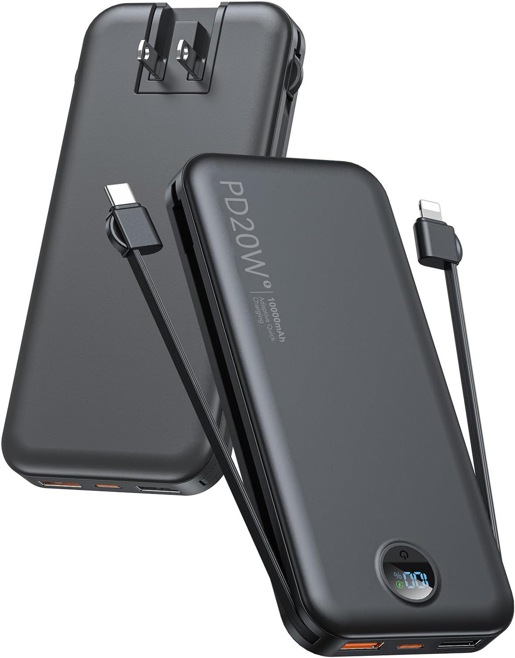 Portable Charger, 10000Mah PD20W Fast Charging Power Bank with Built-In Cables & Wall Plug, External Battery with LED Display, Travel Battery Bank for Iphone, Ipad, Samsung Matte Black