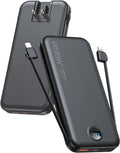 Portable Charger, 10000Mah PD20W Fast Charging Power Bank with Built-In Cables & Wall Plug, External Battery with LED Display, Travel Battery Bank for Iphone, Ipad, Samsung Matte Black