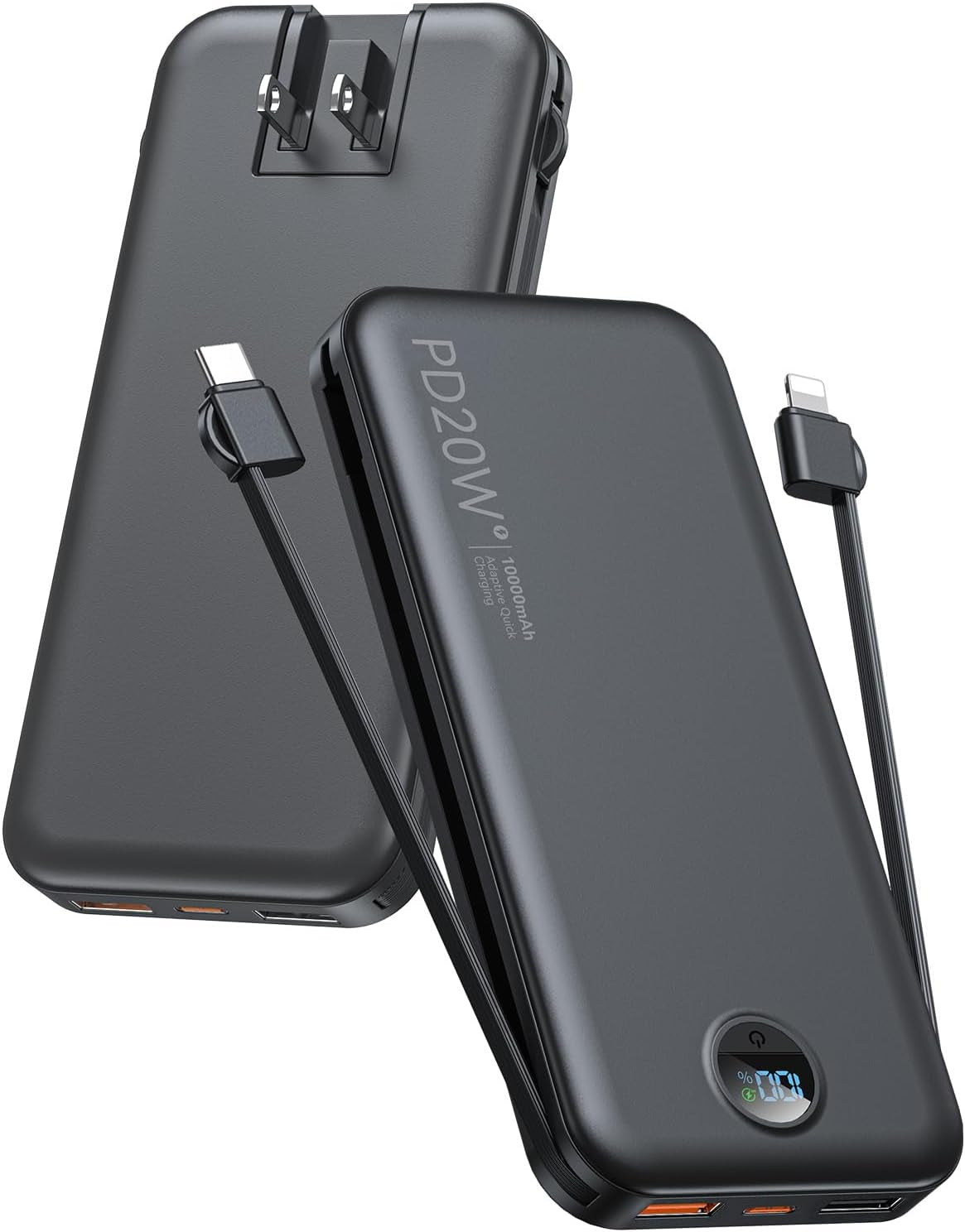 Portable Charger, 10000Mah PD20W Fast Charging Power Bank with Built-In Cables & Wall Plug, External Battery with LED Display, Travel Battery Bank for Iphone, Ipad, Samsung Matte Black