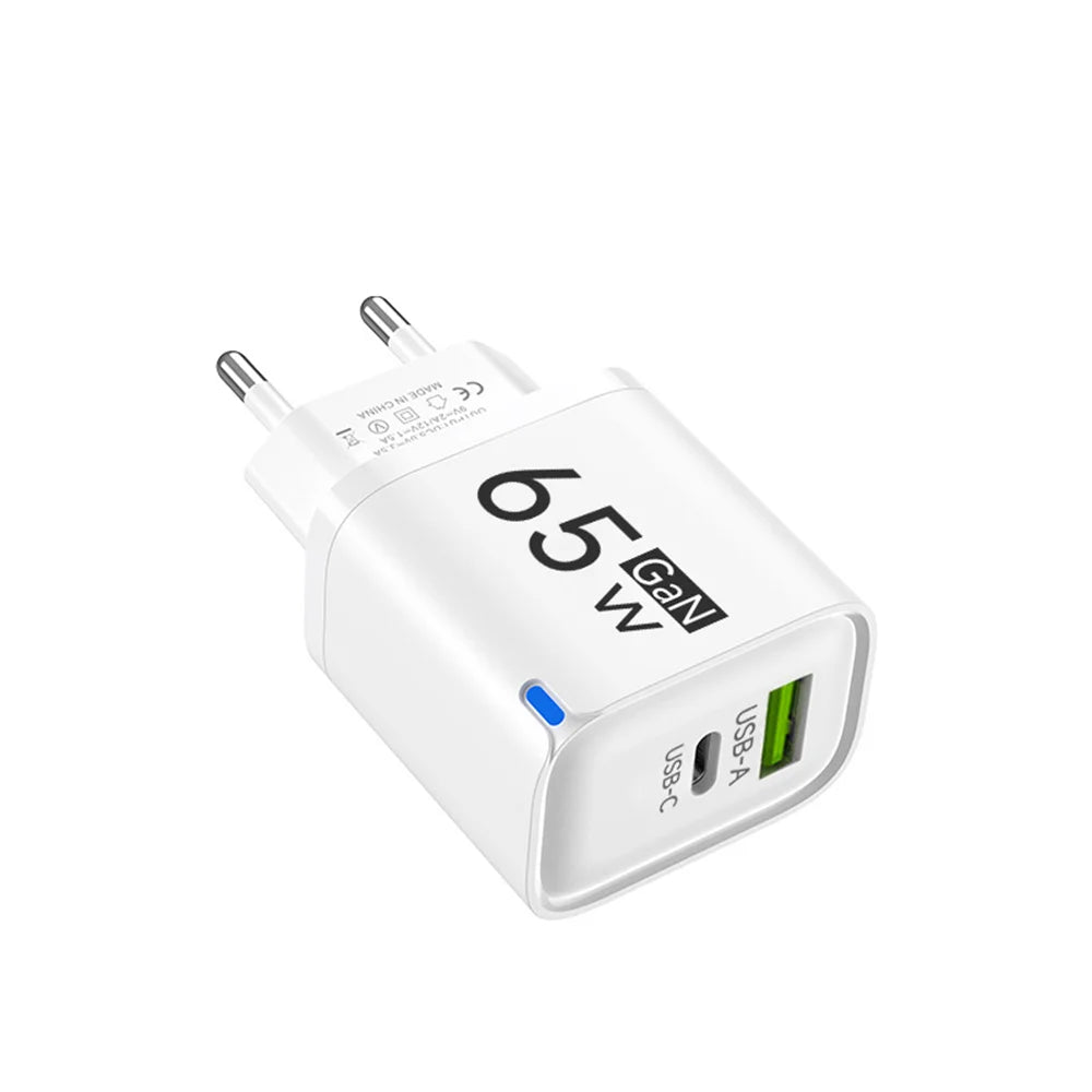 Universal USB Fast Chargers 65W Gan Quick Charger 3.0 USB-A USB-C Fast Charging Chargers PD Wall Charger Adapter for Cellphones