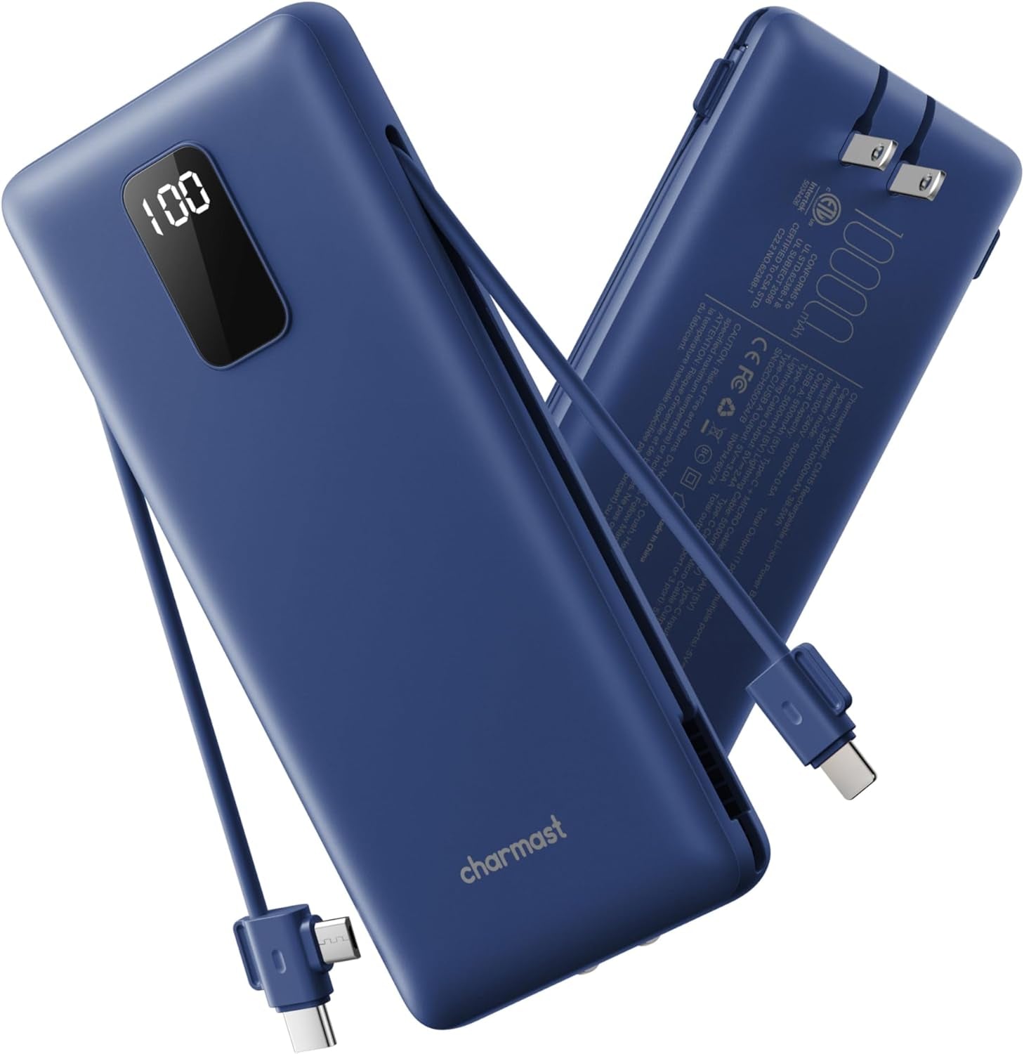 Power Bank 10000Mah Portable Charger with AC Plug and Built-In Cables for Ios and Type-C - Compact Battery Pack Travel Essentials External Phone Charger for Iphone 17 16 15 14, Samsung, Ipad