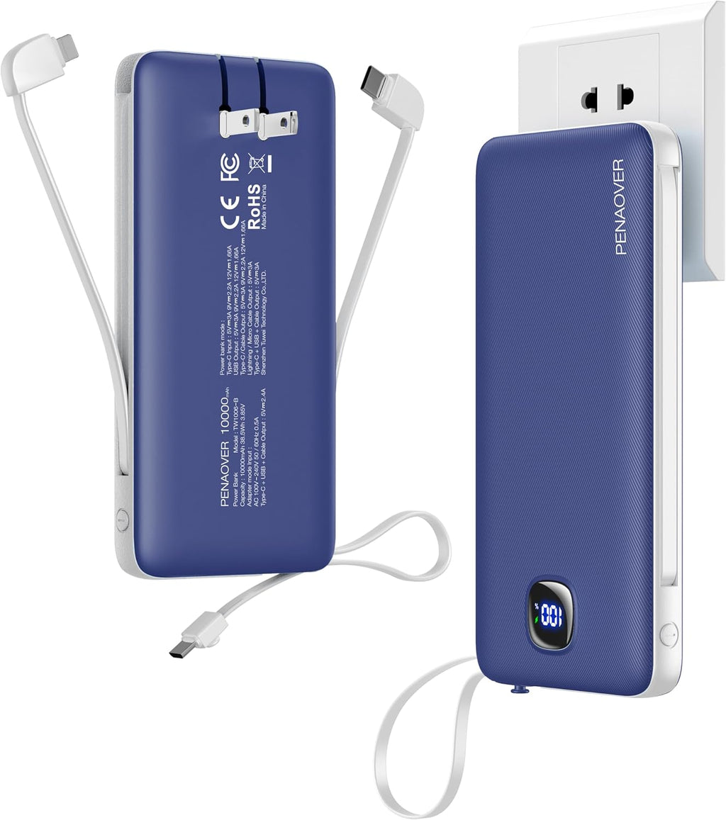 Portable Charger with Built-In Cables&Ac Wall Plug,Slim 10000Mah 22.5W Fast Charging Power Bank,5 Output 2 Input USB-C External Battery Pack Compatible with Iphones,Samsung,Android, Etc