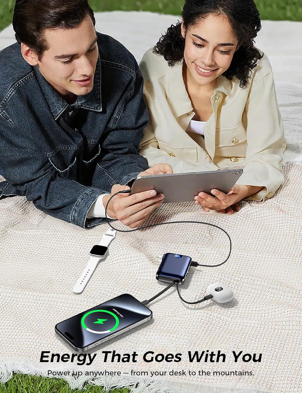 Portable Charger with Built-In Cables & Wall Plug, 10000Mah Power Bank, 4 Outputs 22.5W USB C Fast Charging, Mini Travel Essentials Battery Pack with LED Display for Iphone/Ipad/Samsung Etc Darkblue