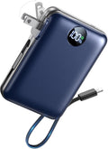 Portable Charger with Built-In Cables & Wall Plug, 10000Mah Power Bank, 4 Outputs 22.5W USB C Fast Charging, Mini Travel Essentials Battery Pack with LED Display for Iphone/Ipad/Samsung Etc Darkblue