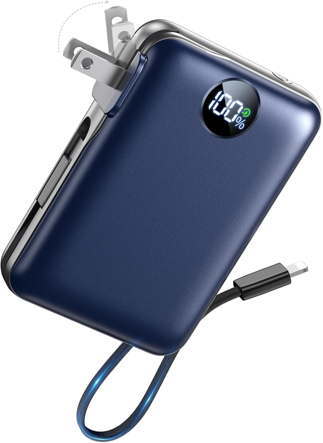 Portable Charger with Built-In Cables & Wall Plug, 10000Mah Power Bank, 4 Outputs 22.5W USB C Fast Charging, Mini Travel Essentials Battery Pack with LED Display for Iphone/Ipad/Samsung Etc Darkblue
