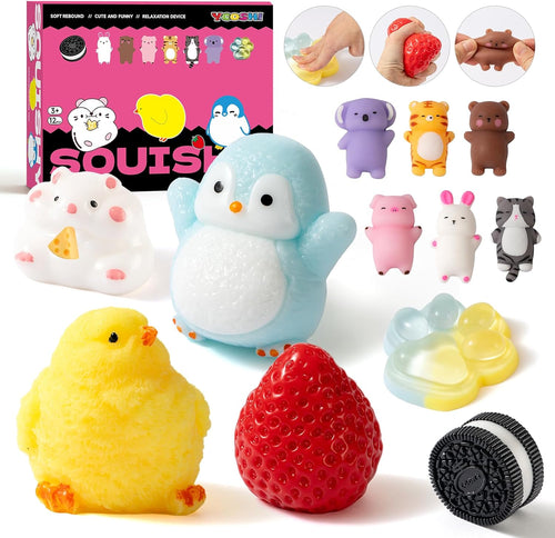 12 Pcs Taba Cute Squishy Toys Pack Include (1 Strawberry,1 Cat Paw,1 Cookie,1 Hamster,1 Chick,1 Penguin,6 Mochi) Taba Sensory Stress Relief Toys,Squishy Fidget Toys Adults,Party Favors Gifts for Kids