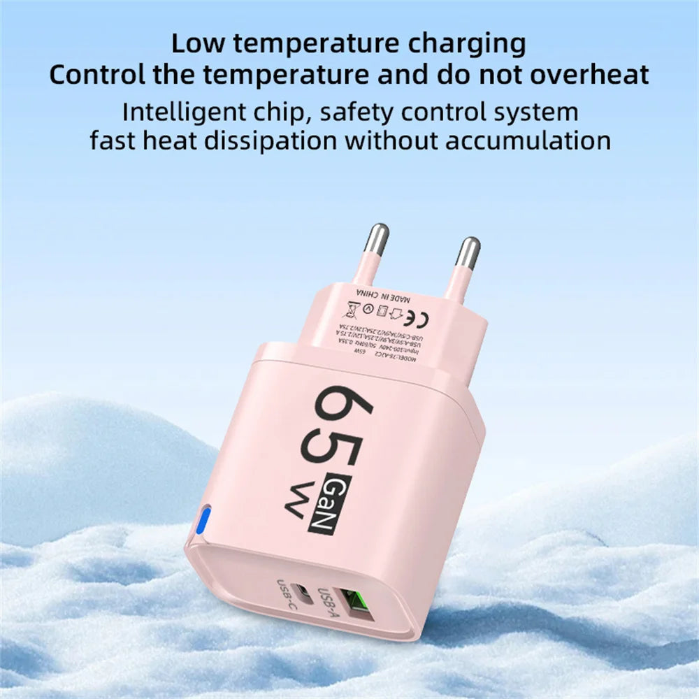Universal USB Fast Chargers 65W Gan Quick Charger 3.0 USB-A USB-C Fast Charging Chargers PD Wall Charger Adapter for Cellphones