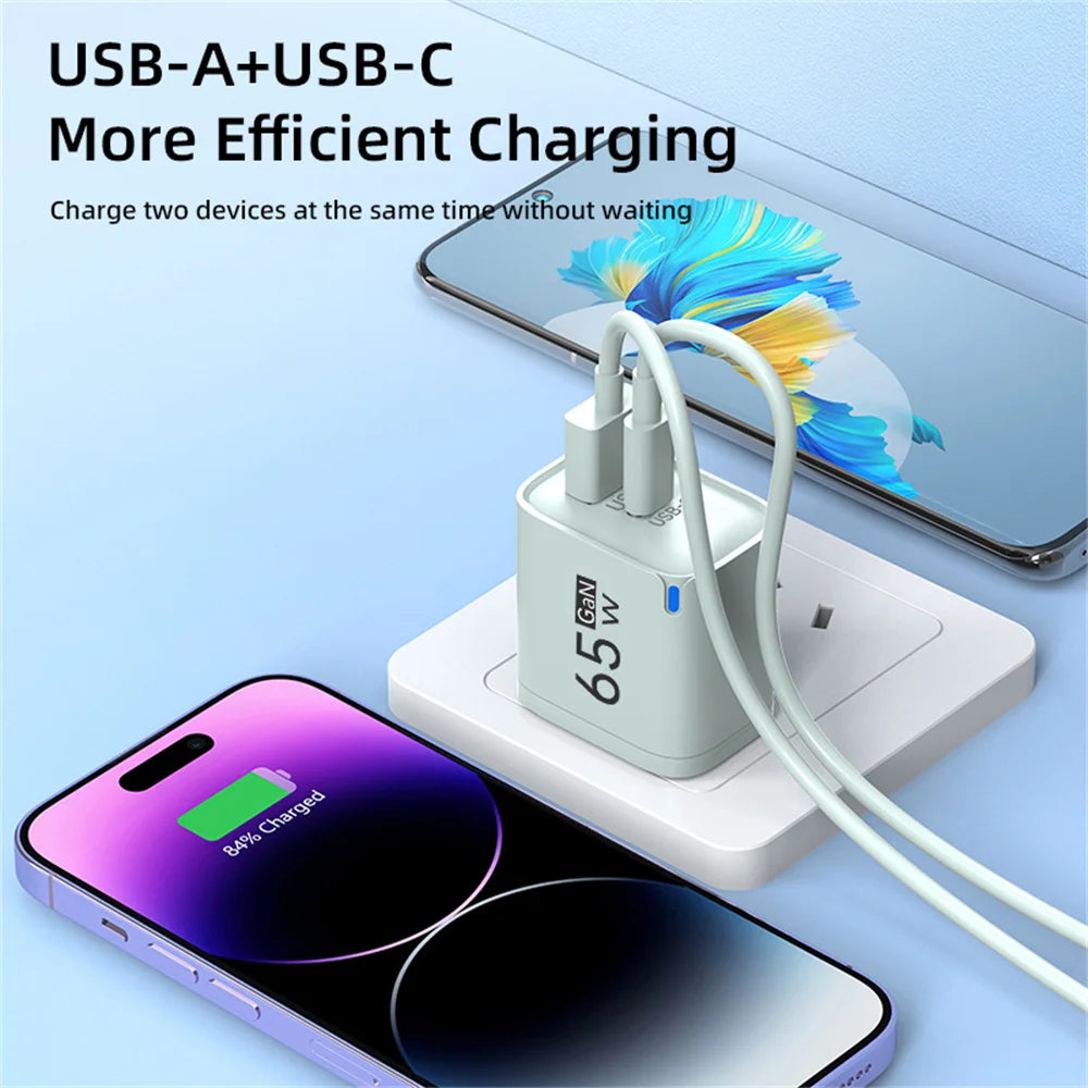 Universal USB Fast Chargers 65W Gan Quick Charger 3.0 USB-A USB-C Fast Charging Chargers PD Wall Charger Adapter for Cellphones