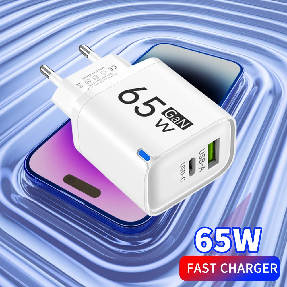 Universal USB Fast Chargers 65W Gan Quick Charger 3.0 USB-A USB-C Fast Charging Chargers PD Wall Charger Adapter for Cellphones