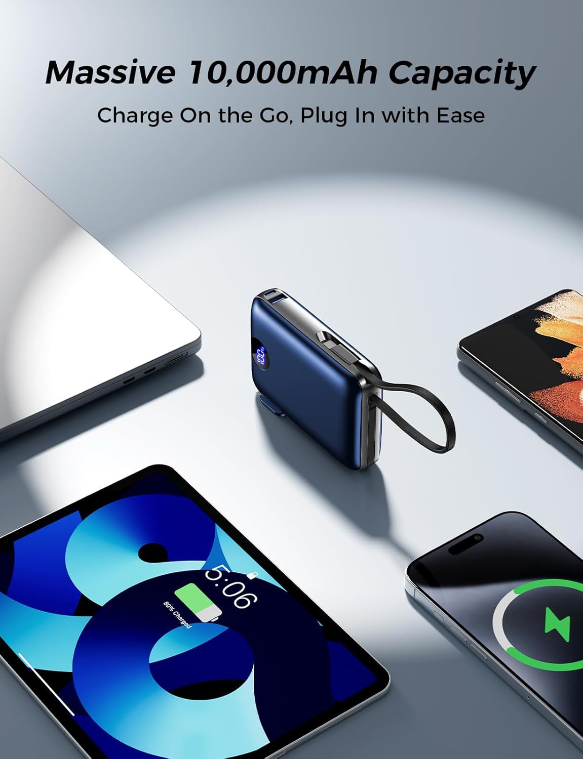 Portable Charger with Built-In Cables & Wall Plug, 10000Mah Power Bank, 4 Outputs 22.5W USB C Fast Charging, Mini Travel Essentials Battery Pack with LED Display for Iphone/Ipad/Samsung Etc Darkblue