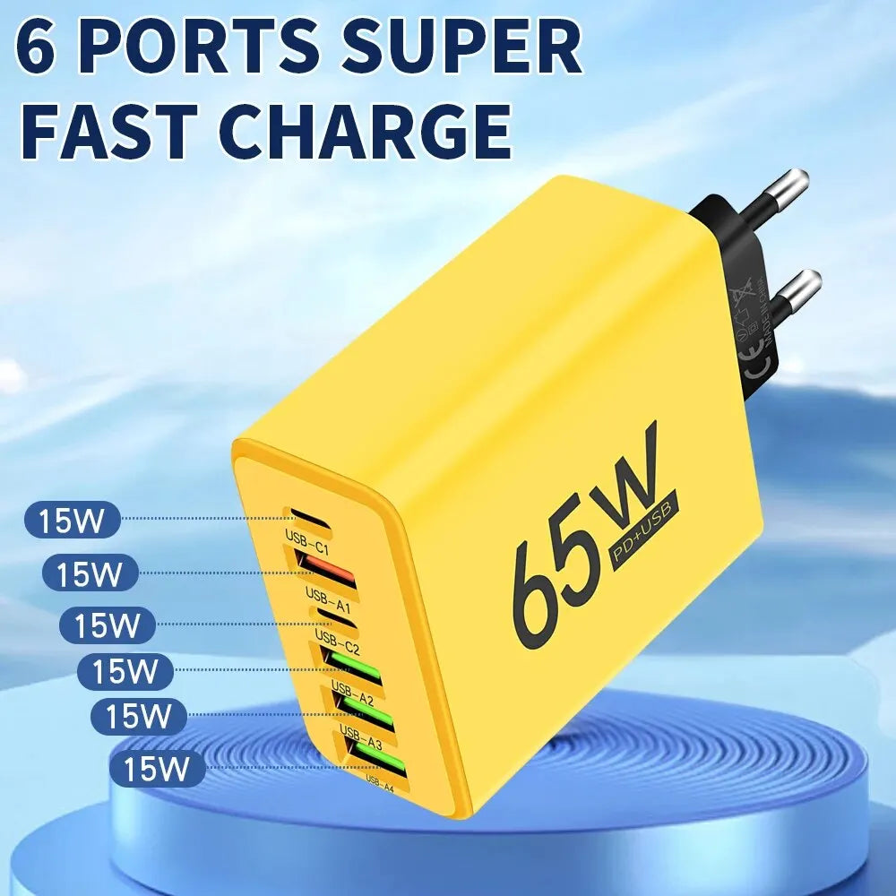 Total 65W USB 6 Ports Type C Quick Charger 3.0 Fast Charging Wall Charger for Iphone Samsung Xiaomi Huawei Mobile Phone Adapter