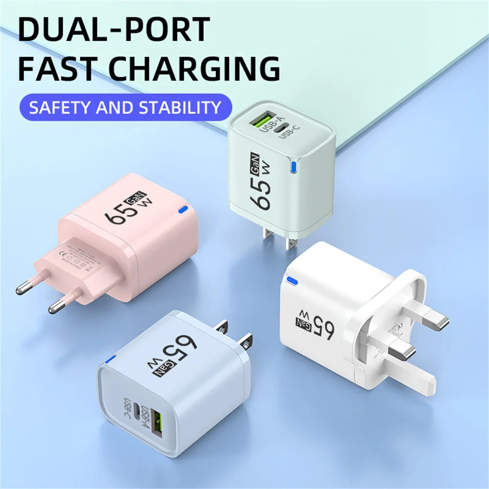 Universal USB Fast Chargers 65W Gan Quick Charger 3.0 USB-A USB-C Fast Charging Chargers PD Wall Charger Adapter for Cellphones
