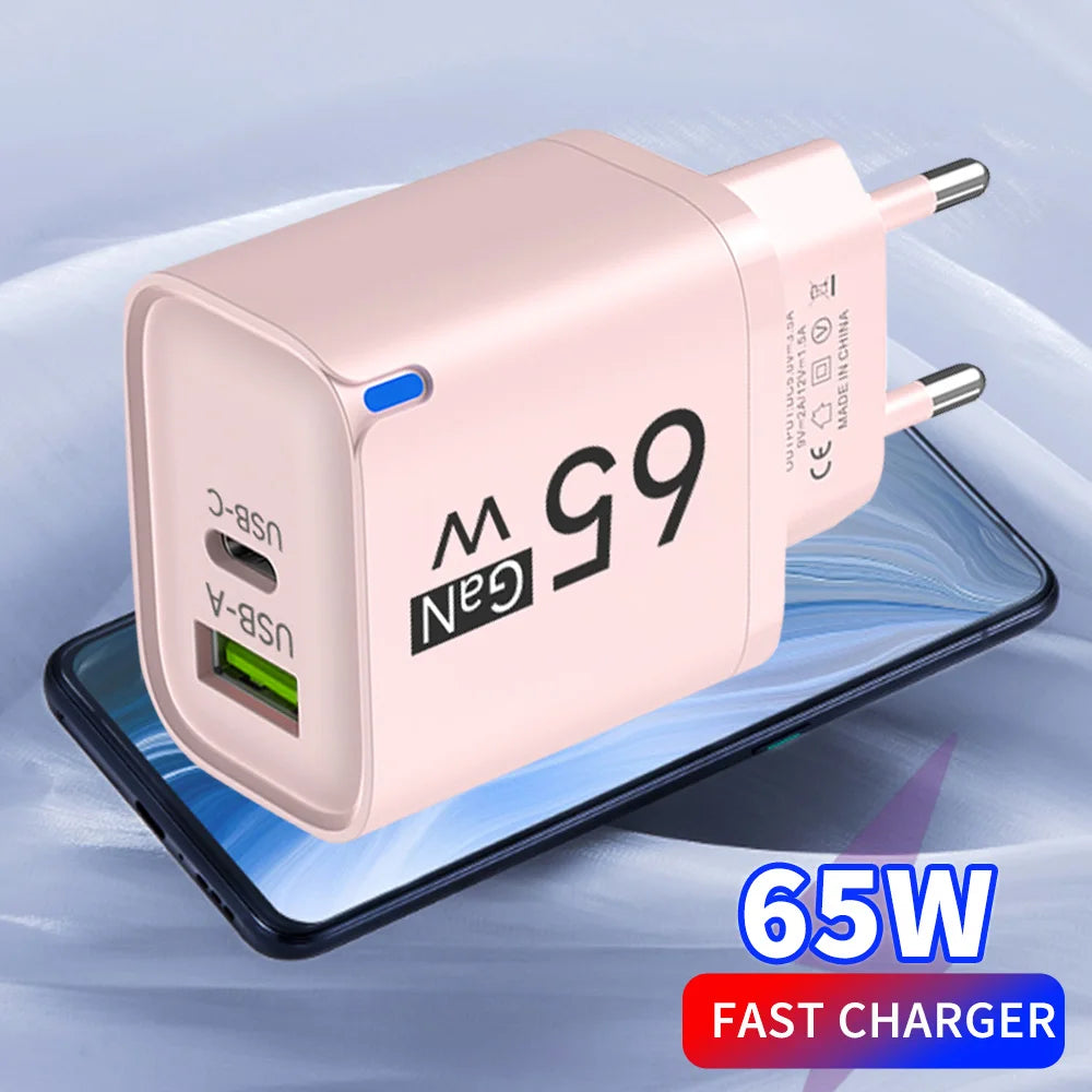 Universal USB Fast Chargers 65W Gan Quick Charger 3.0 USB-A USB-C Fast Charging Chargers PD Wall Charger Adapter for Cellphones