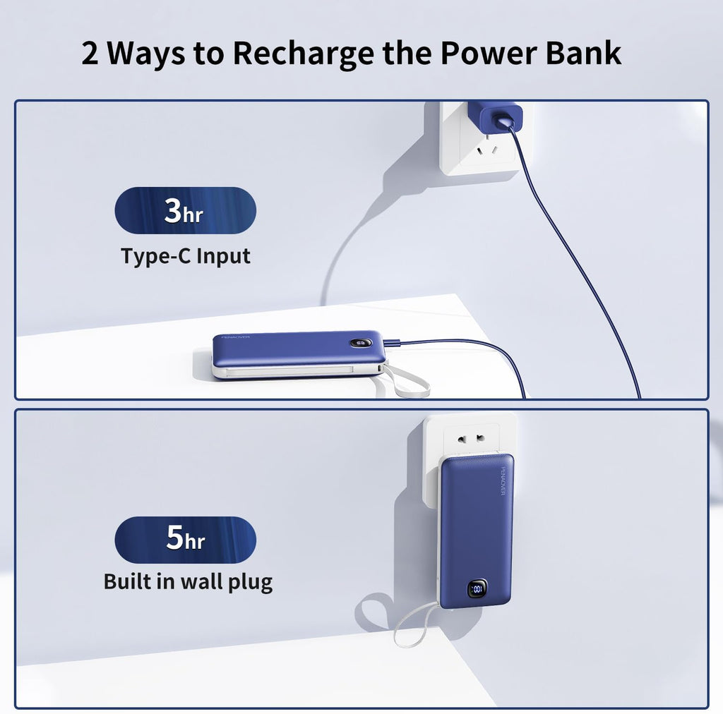 Portable Charger with Built-In Cables&Ac Wall Plug,Slim 10000Mah 22.5W Fast Charging Power Bank,5 Output 2 Input USB-C External Battery Pack Compatible with Iphones,Samsung,Android, Etc