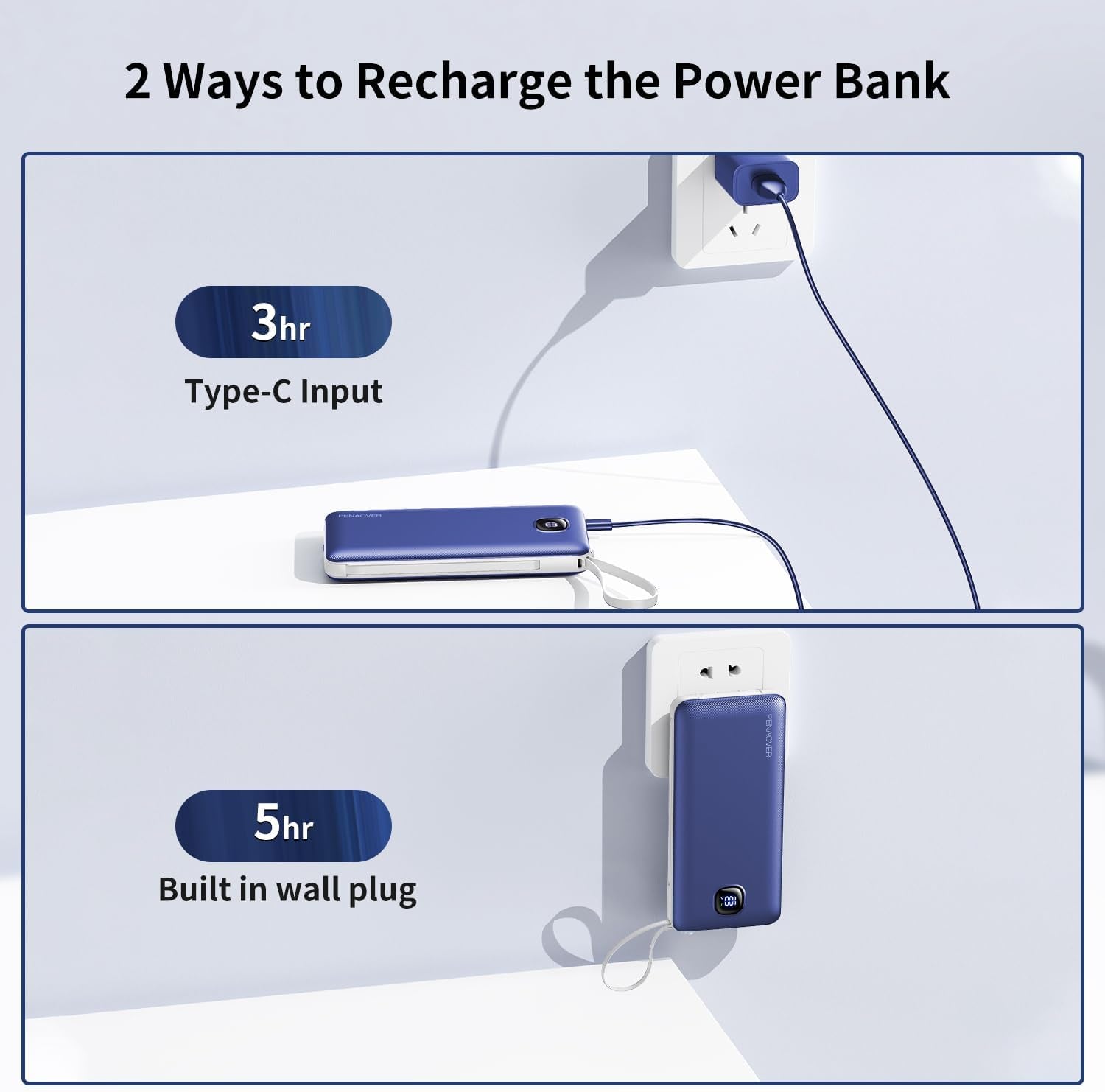 Portable Charger with Built-In Cables&Ac Wall Plug,Slim 10000Mah 22.5W Fast Charging Power Bank,5 Output 2 Input USB-C External Battery Pack Compatible with Iphones,Samsung,Android, Etc