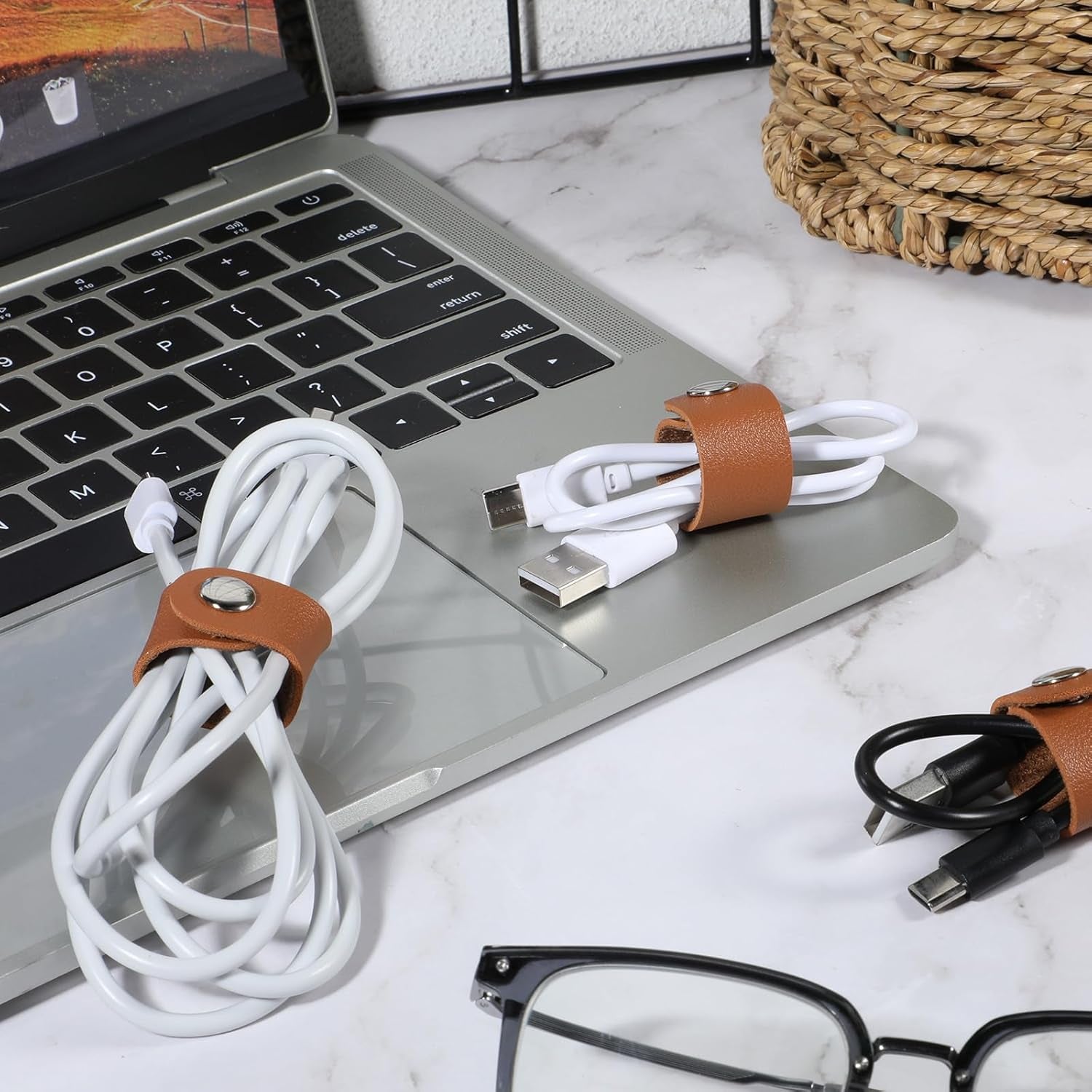 10 PCS PU Leather Cord Organizer, Reusable Cord Strap Keeper, Cable Ties for Travel Charging Cords USB Cable Headphone Wires