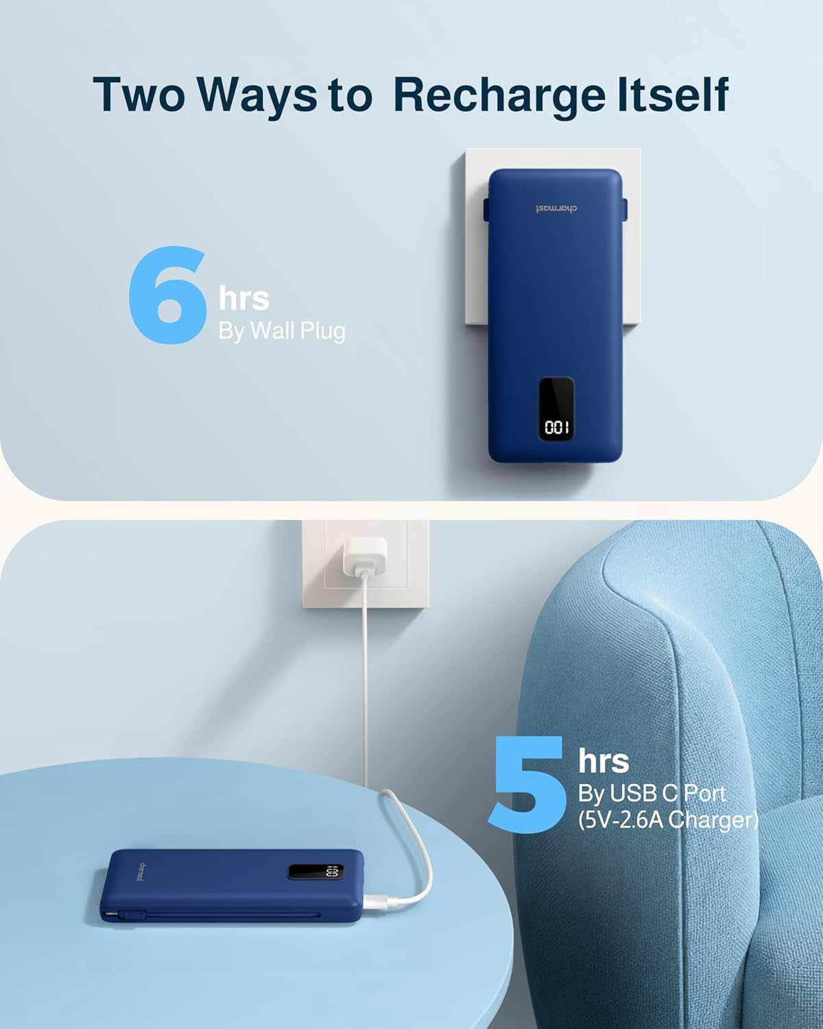 Power Bank 10000Mah Portable Charger with AC Plug and Built-In Cables for Ios and Type-C - Compact Battery Pack Travel Essentials External Phone Charger for Iphone 17 16 15 14, Samsung, Ipad