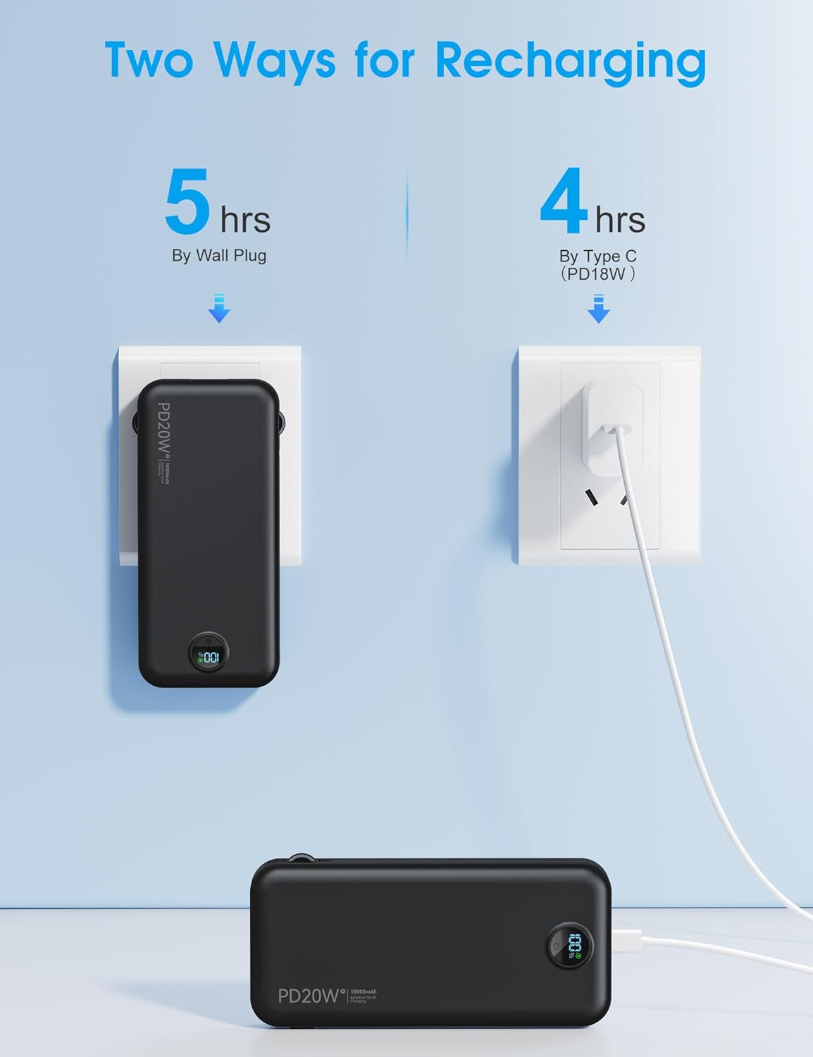 Portable Charger, 10000Mah PD20W Fast Charging Power Bank with Built-In Cables & Wall Plug, External Battery with LED Display, Travel Battery Bank for Iphone, Ipad, Samsung Matte Black