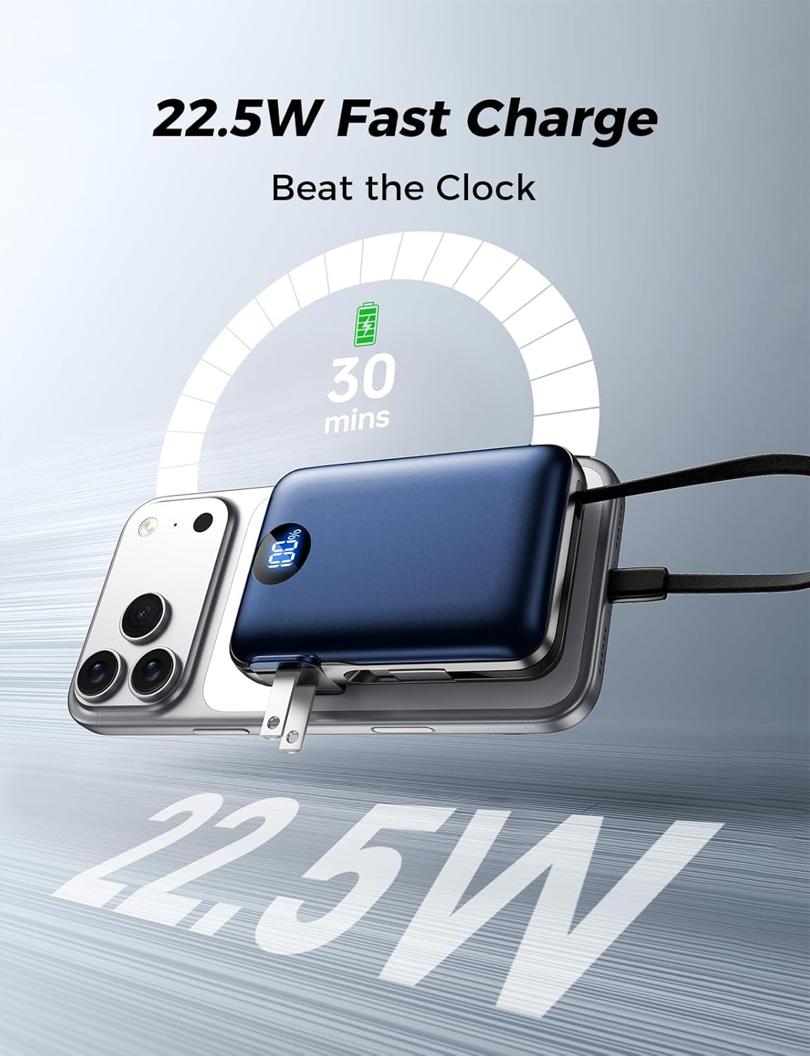 Portable Charger with Built-In Cables & Wall Plug, 10000Mah Power Bank, 4 Outputs 22.5W USB C Fast Charging, Mini Travel Essentials Battery Pack with LED Display for Iphone/Ipad/Samsung Etc Darkblue
